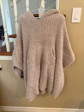 Barefoot Dreams Cozy Hooded Plush Poncho Sweater in Taupe